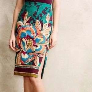 Anthropologie Maeve Green Floral Tapestry Midi High Waist Slit Pencil Skirt